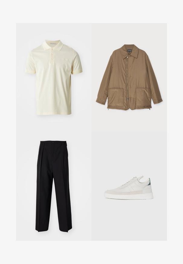 Giacca imbottita marrone con collo, chiusura frontale con zip, due grandi tasche e una leggera lucentezza. Design semplice con vestibilità rilassata.; Polo in un giallo pallido, realizzato in morbido cotone. Presenta un colletto classico, una chiusura con tre bottoni e maniche corte. Logo del brand discreto sul petto.; Pantaloni neri a pieghe con un design dritto e gamba larga. Realizzati in tessuto morbido, con chiusura a bottone e passanti per cintura.; Sneaker bianche in pelle con dettagli in suede grigio, design con lacci, bollino per il tallone e suola in gomma testurizzata caratterizzata da un motivo a zigzag.