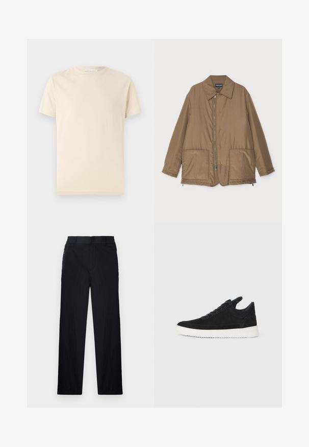 Hnědá zateplená bunda s límečkem, předním zipem, dvěma velkými kapsami a mírným leskem. Jednoduchý design s uvolněným střihem.; Béžové bavlněné tričko s kulatým výstřihem a krátkými rukávy. Hladká textura bez vzorů nebo grafik. Jednoduchý, klasický design.; Černé kalhoty s lehkým, strukturovaným materiálem, rovnými nohavicemi, elastickým pasem a postranními zipovými kapsami.; Černé semišové tenisky s bílou gumovou podrážkou, s tónovým prošitím a šněrováním. Hladký povrch s moderním, aerodynamickým tvarem.