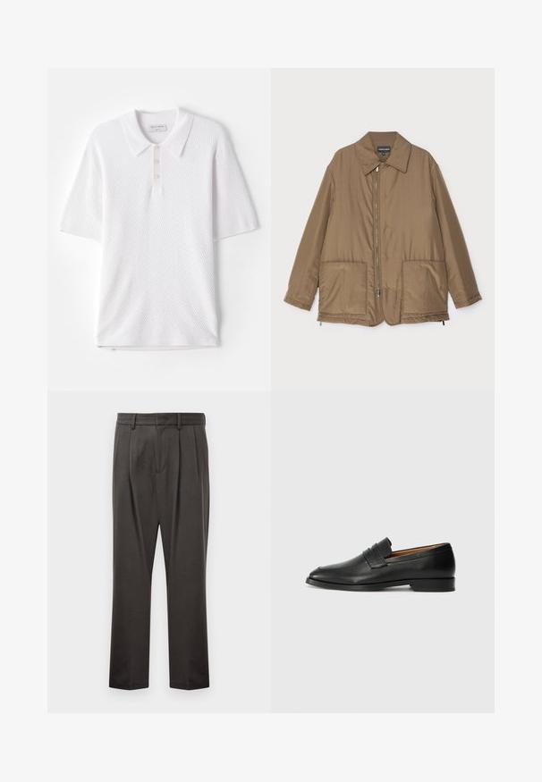 Hnědá zateplená bunda s límečkem, předním zipem, dvěma velkými kapsami a mírným leskem. Jednoduchý design s uvolněným střihem.; Bílá polo tričko s texturovanou žebrovanou tkaninou, límečkem a třemi malými knoflíčky na přední straně. Krátké rukávy a rovný lem.; Tmavě šedé kalhoty z texturované látky, s plochým předním dílem, sklady, rovnými nohavicemi a poutky na pásek. Bez viditelného kovového spojení nebo vzorů.; Černé kožené mokasíny s kulatou špičkou, jemným prošíváním a nízkým podpatkem, s hladkým povrchem a minimalistickým designem.