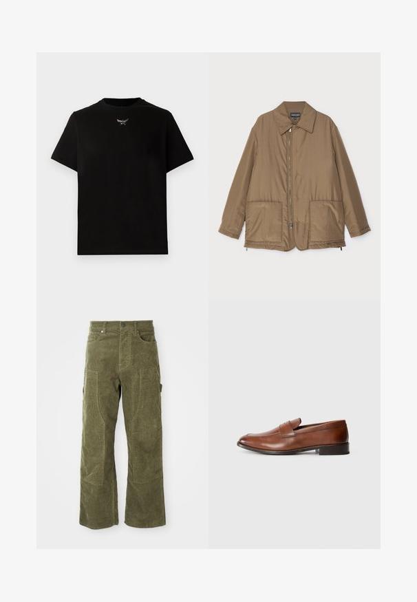 Hnědá zateplená bunda s límečkem, předním zipem, dvěma velkými kapsami a mírným leskem. Jednoduchý design s uvolněným střihem.; Černé bavlněné tričko s krátkými rukávy, kulatým výstřihem a stříbrným detailem loga na hrudi. Hladká textura a uvolněný střih.; Oliveově zelené sametové kalhoty s předními a bočními kapsami, vyztuženými koleny a zapínáním na knoflík a zip.; Hnědé kožené polobotky s kulatou špičkou, minimalistickým šitím a nízkým blokovým podpatkem. Obsahují dekorativní pásek přes nárt.