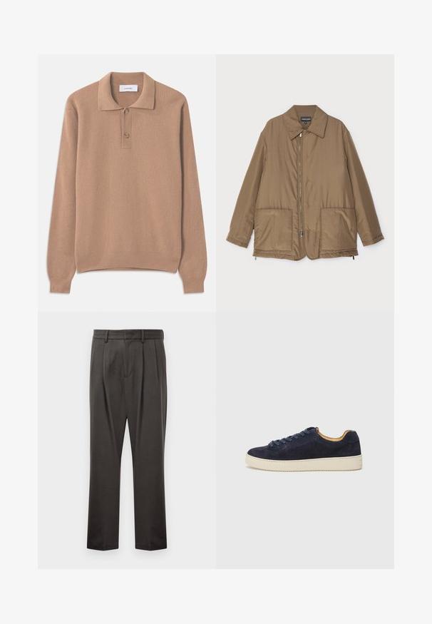 Braune gepolsterte Jacke mit Kragen, Reißverschluss vorne, zwei großen Taschen und leichter Glanz. Einfaches Design mit entspannter Passform.; Beige gerippter Strickpullover mit langen Ärmeln, einem Polokragen und zwei Knöpfen an der Knopfleiste. Weiche Textur und gerader Saum.; Dunkelgraue Hose aus strukturiertem Stoff, mit flachem Bund, Falten, geraden Beinen und Gürtelschlaufen. Keine sichtbaren Beschläge oder Muster.; Marineblaues Wildleder-Low-Top-Sneaker mit runder Zehenpartie, off-white Gummisohle und passenden Schnürsenkeln; hat ein kontrastierendes, tannfarbiges Innenfutter.