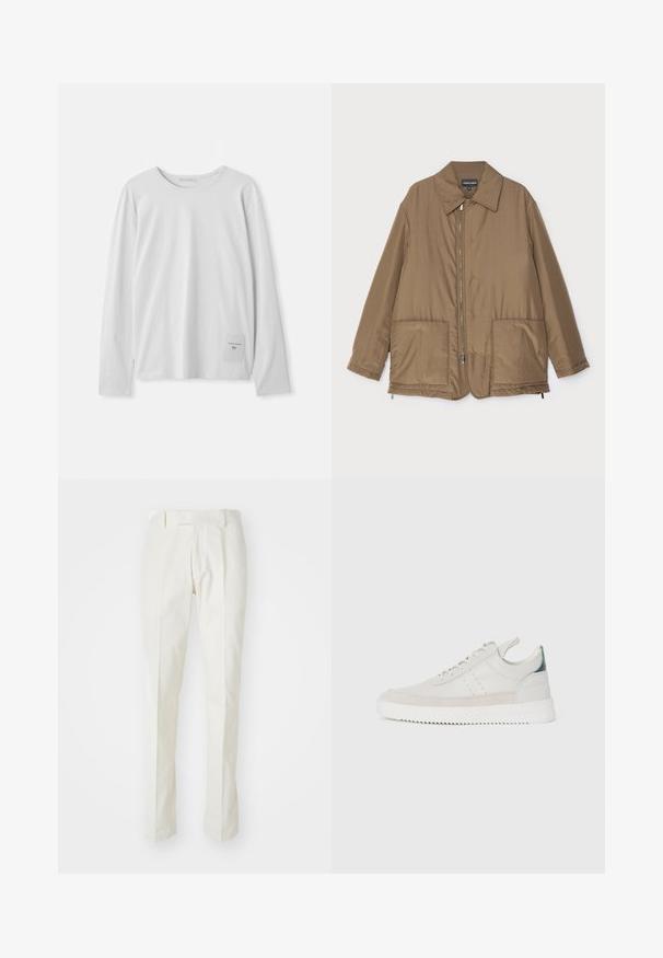 Brown padded jacket with a collared neck, front zip closure, two large pockets, and slight sheen. Simple design with a relaxed fit.; White long-sleeve T-shirt made of soft cotton. Features a round neckline and a small branded tag on the lower left side.; White trousers made of cotton, featuring a straight-leg design, flat front, and no visible patterns or hardware. Smooth texture.; White leather sneakers with gray suede accents, lace-up design, pull tab, and textured rubber sole featuring a zigzag pattern.