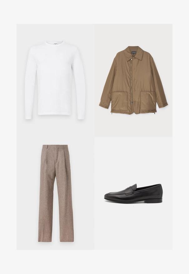 Brown padded jacket with a collared neck, front zip closure, two large pockets, and slight sheen. Simple design with a relaxed fit.; Long-sleeve plain white crewneck shirt displayed on a flat, light gray background.; Brown, high-waisted trousers made of textured fabric. Features wide legs and two front pleats for structure. Neat finish with no visible hardware.; Black leather men's loafer with a low heel and a classic penny strap design, shown in side profile on a white background.