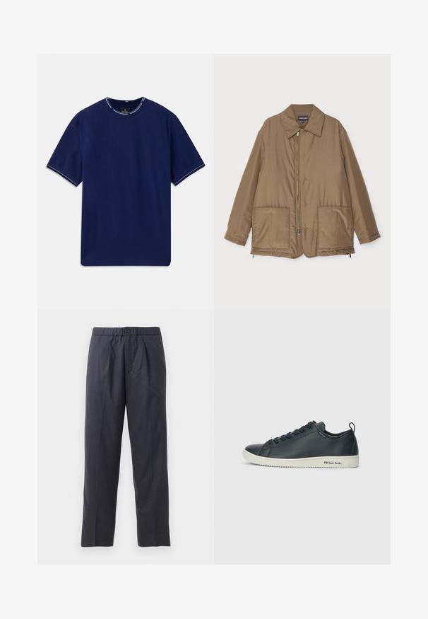 Hnedá prešívaná bunda s golierom, predným zipsom, dvoma veľkými vreckami a jemným leskom. Jednoduchý dizajn s voľným strihom.; Námornícka modrá bavlnená tričko s krátkymi rukávmi a okrúhlym výstrihom, s bielym prešívaním na golieri a lemoch na rukávoch. Hladká textúra.; Tmavomodré nohavice vyrobené z mäkkej tkaniny s plisovaným predným dizajnom a elastickým pásom. Obsahujú zapínanie na gombík a strih s priamymi nohavicami.; Tmavomodré kožené tenisky s hladkým povrchom, zaoblenou špičkou, šiestimi očkami na šnurovanie a kontrastnou bielou gumovou podrážkou. Na strane sa nachádza značka.