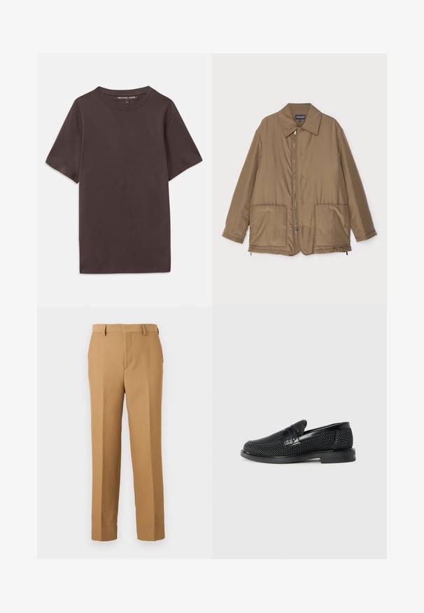 Brown padded jacket with a collared neck, front zip closure, two large pockets, and slight sheen. Simple design with a relaxed fit.; Brown short-sleeve t-shirt made of soft cotton, featuring a round neck and a label at the collar. Smooth texture, simple design.; Beige dress pants made of woven fabric, featuring a straight cut, flat front, and belt loops. Smooth texture with no visible patterns.; Black woven slip-on shoe with a smooth leather accent on the upper, a round toe design, and a low-profile rubber sole.