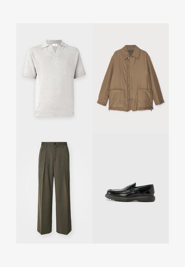 Pruunist voodriga jakk krae ja esitaskutega, ees lukuga kinnitamine ning kerge läikega. Lihtne kujundus ja lõdva istuvusega.; Lühikeste varrukatega, heledast hallist kudumiga polo särk V-kaelusega, tekstuuriga mustriga ja traditsioonilise kraega. Kerge kangas annab juhusliku ilme.; Filippa K WIDE TROUSERS - Püksid - driftwood; Must musta nahk loafer läikiva viimistlusega, ümar varvas, delikaatsed õmblusdetailid ja paks kummist tallad vastupidavuse tagamiseks.