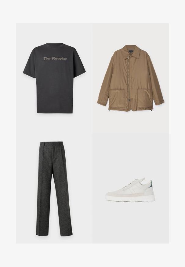 Brown padded jacket with a collared neck, front zip closure, two large pockets, and slight sheen. Simple design with a relaxed fit.; Dark grey short-sleeve t-shirt made of cotton. Features embossed text reading "The Kooples" in a contrasting color. Classic crew neck design.; Gray tailored trousers made of textured fabric, featuring two front pleats and a straight-leg design. No visible pockets or embellishments.; White leather sneakers with gray suede accents, lace-up design, pull tab, and textured rubber sole featuring a zigzag pattern.