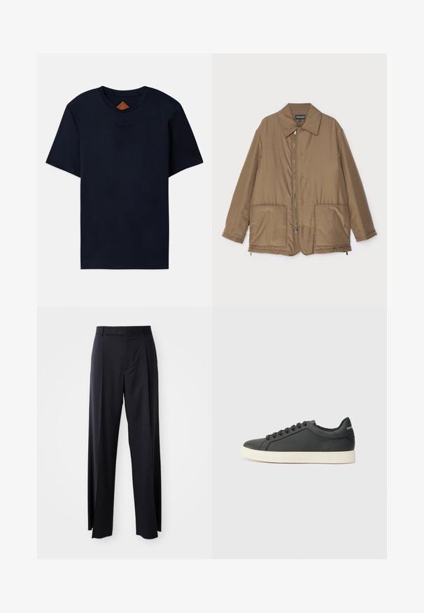 Hnědá zateplená bunda s límečkem, předním zipem, dvěma velkými kapsami a mírným leskem. Jednoduchý design s uvolněným střihem.; Námořnická modrá bavlněná tričko s krátkými rukávy, s kulatým výstřihem a vyraženým logem na hrudi. Hladká textura, uvolněný střih.; Černé kalhoty s vysokým pasem a širokým střihem, vyrobené z hladké látky. Mají přední sklady a poutka na opasek. Minimalistický design, bez viditelného kovového hardwaru.; Černé kožené tenisky s nízkým profilem, zaoblenou špičkou a šněrováním; mají texturovanou gumovou podrážku a logo na patě.