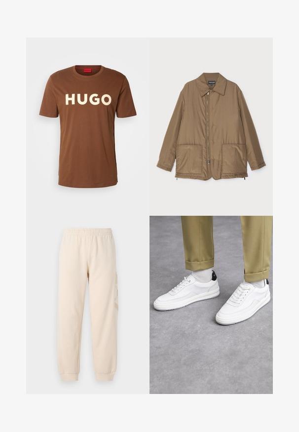 Hnědá zateplená bunda s límečkem, předním zipem, dvěma velkými kapsami a mírným leskem. Jednoduchý design s uvolněným střihem.; HUGO DULIVIO - Triko s potiskem - medium brown; Beige joggingové kalhoty vyrobené z měkké tkaniny, s elastickým pasem a manžetami na kotnících. Na boku je jemně embosované logo.; Bílé tenisky s texturovaným koženým povrchem, zaoblenou špičkou a černým akcentem na patě. Gumová podrážka s malým vzorem a šitými detaily.