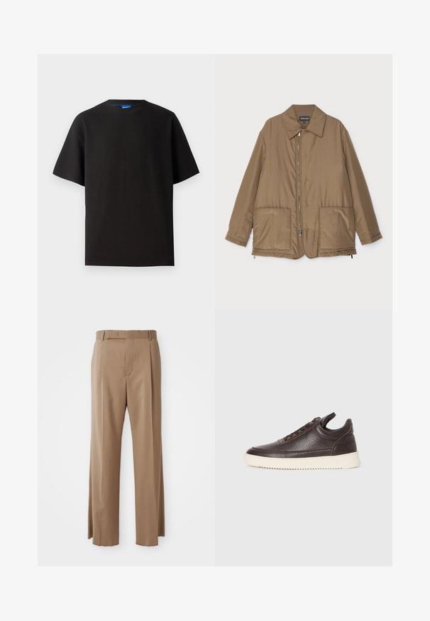 Brūns polsterēts mētelis ar apkakli, priekšpuses rāvējslēdzēja aizdare, divas lielas kabatas un nedaudz spīdīga virsma. Vienkāršs dizains ar brīvu piegriezumu.; Melnā T-kreklu ar īsām piedurknēm, apaļu kakla izgriezumu, izgatavota no ribota auduma. Iezīmēta ar brīvu piegriezumu un diskrētu zilu zīmola birku kakla iekšpusē.; Gai brūni pielāgoti bikses ar taisnām kājām, jostu cilpām, priekšējo šuvi un slēptu aizdari, izvietoti uz baltas virsmas.; Tumši brūnas tekstūrētas ādas sporta kurpes ar saistēm priekšā un baltu rievotu gumijas zoli uz vienkārša gaiša fona.