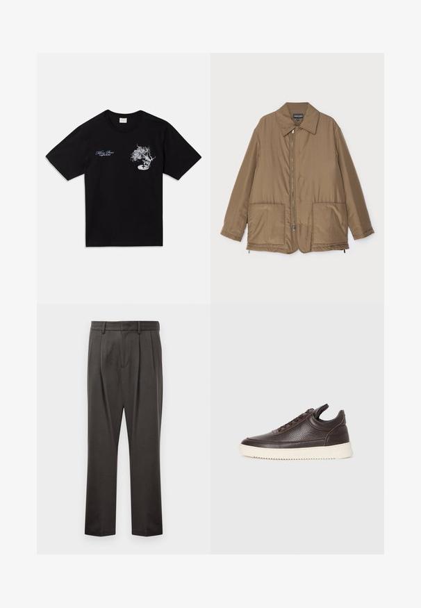 Brūns polsterēts mētelis ar apkakli, priekšpuses rāvējslēdzēja aizdare, divas lielas kabatas un nedaudz spīdīga virsma. Vienkāršs dizains ar brīvu piegriezumu.; Melna kokvilnas T-kreklā ar īsām piedurknēm. Iekļauj baltu grafiku ar ziedu un izpildītāja vinilu, kā arī zilu tekstu "Killing Bees" un "United By Rhythm."; Tumši pelēki bikses, izgatavotas no teksturēta auduma, ar taisnu priekšpusi, krokojumu, taisnām kājām un jostu cilpām. Nav redzamu metālu detaļu vai rakstu.; Tumši brūnas tekstūrētas ādas sporta kurpes ar saistēm priekšā un baltu rievotu gumijas zoli uz vienkārša gaiša fona.