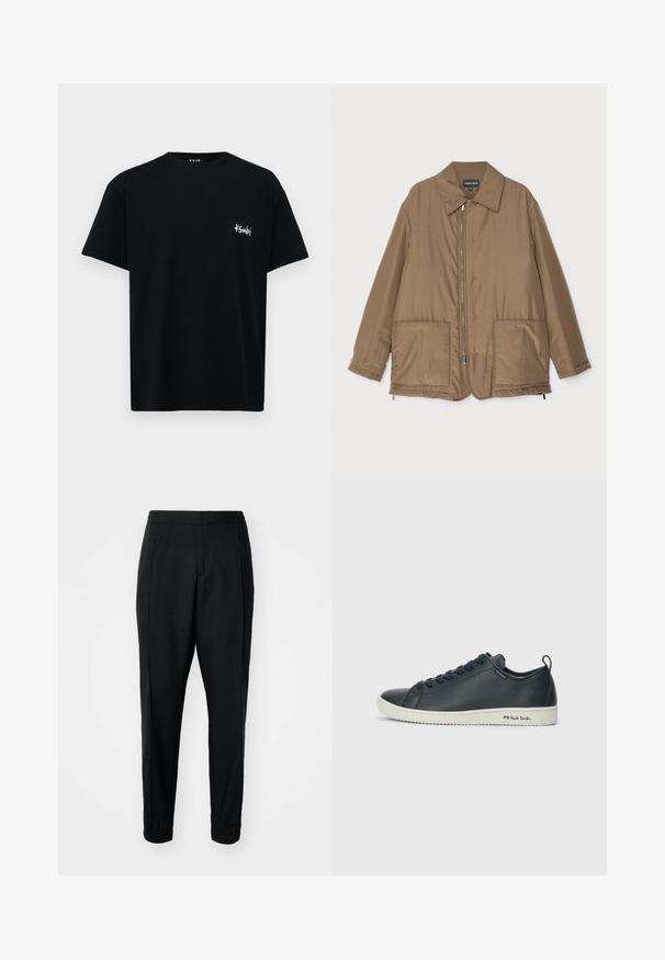 Brown padded jacket with a collared neck, front zip closure, two large pockets, and slight sheen. Simple design with a relaxed fit.; Ksubi ALL DAY - Print T-shirt - black; Black tapered trousers with a smooth texture, elastic waistband, and cuffs. Features pleats at the front for a tailored look.; Dark navy leather sneaker with a smooth finish, rounded toe, six eyelet lacing, and contrasting white rubber sole. Features branding on the side.