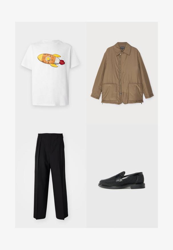 Brun vadderad jacka med krage, framzip, två stora fickor och lätt glans. Enkel design med en avslappnad passform.; Vit t-shirt med en färgglad raketgrafik. Raketens färg är orange med gula detaljer, silverfärgad utsmyckning och röda lågor.; Svarta plisserade byxor med en rak, bred bendesign. Tillverkade av ett slätt tyg, med knäppning fram och bälteshällor.; Svart vävd slip-on sko med en slät läderdetalj på ovansidan, med rund tådesign och en låg gummisula.