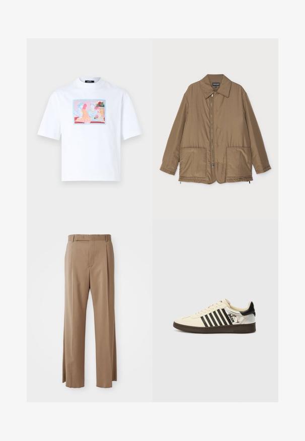 Brun polstret jakke med krave, frontlynlås, to store lommer og let glans. Simpelt design med en afslappet pasform.; Hvid bomulds T-shirt med et farverigt trykt design af klassiske figurer i en rektangulær ramme på forsiden. Korte ærmer og afslappet pasform.; Lysebrune skræddersyede bukser med lige ben, bæltestropper, front søm og skjult lukning, præsenteret fladt på hvid baggrund.; Creme lædersneakers med sorte striber, brun sål og metallisk sølvhælk. Har et logo på siden og klassisk snøredesign.