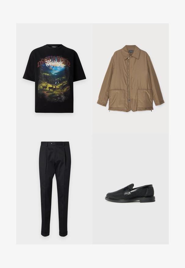 Brun polstret jakke med krave, frontlynlås, to store lommer og let glans. Simpelt design med en afslappet pasform.; Sort kortærmet t-shirt med et farverigt landskabsgrafik med hjorte, bjerge og ordene "DSQUARED2 Heritage" i fed skrift.; Sorte bukser lavet af et glat stof, der har en fold foran, en knaplukning og opsmøg ved anklerne.; Sort vævet slip-on sko med en glat læderdetalje på overdelen, en rund tådesign og en lavprofil gummisål.