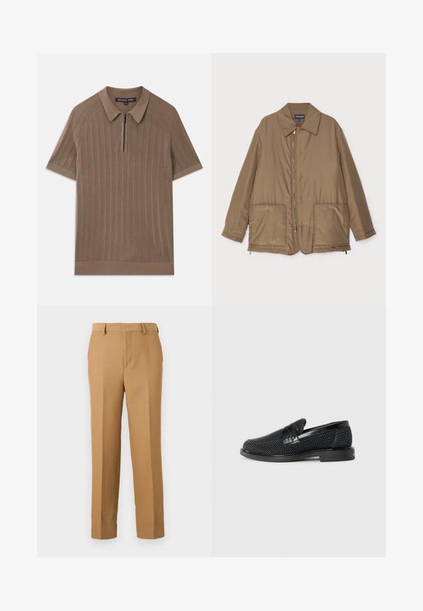 Brun polstret jakke med krave, frontlynlås, to store lommer og let glans. Simpelt design med en afslappet pasform.; Brun ribbet strikket polo skjorte med korte ærmer, krave og halv-lynlås foran, mærket Michael Kors, størrelse medium.; Beige bukser lavet af vævet stof, med lige snit, flad front og bæltestropper. Glat tekstur uden synlige mønstre.; Sort vævet slip-on sko med en glat læderdetalje på overdelen, en rund tådesign og en lavprofil gummisål.