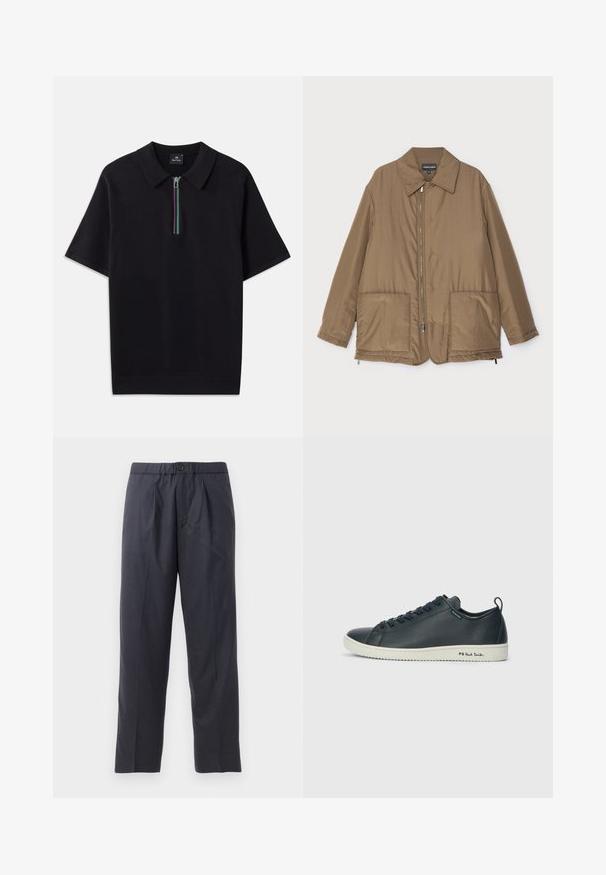 Brun vadderad jacka med krage, framzip, två stora fickor och lätt glans. Enkel design med en avslappnad passform.; Svart kortärmad polo med dragkedja i kragen och flerfärgad rand. Tillverkad av ett slätt tyg med en figurnära design.; Mörk marinblåbyxor av mjukt tyg med veckad design fram och elastisk midja. Har en knappstängning och rak benöppning.; Mörkblå lädersneaker med en slät finish, rund tå, sex ögla snörning och kontrasterande vit gummisula. Har varumärke på sidan.