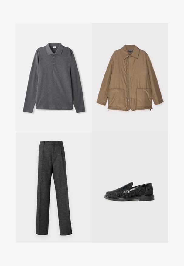 Barna steppelt dzseki, galléros nyakkal, elülső cipzárral, két nagy zsebbel és enyhe fényességgel. Egyszerű dizájn, laza szabással.; Sötét szürke pamutból készült, hosszú ujjú pólóing, klasszikus gallérral, három gombos kivágással és laza szabással. Sima textúra.; Szürke, texturált anyagból készült, szabott nadrág, két elülső pliszével és egyenes lábbal. Nincsenek látható zsebek vagy díszítések.; Fekete szőtt slip-on cipő sima bőr díszítéssel a felsőrészen, kerek orral és alacsony profilos gumitalppal.