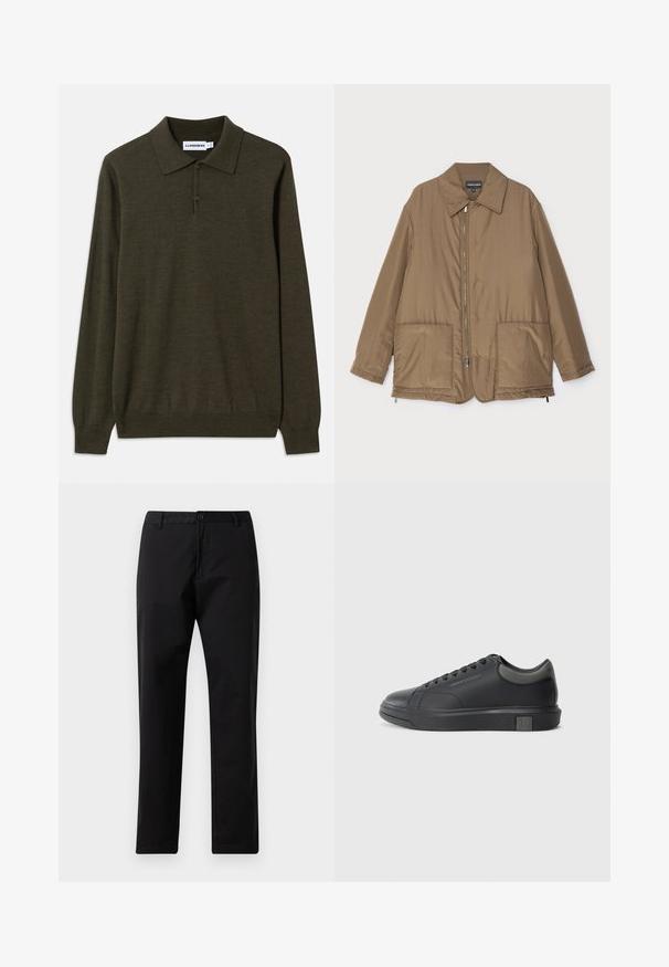 Hnedá prešívaná bunda s golierom, predným zipsom, dvoma veľkými vreckami a jemným leskom. Jednoduchý dizajn s voľným strihom.; Polo tričko s dlhým rukávom v tmavej olivovej farbe, vyrobené z mäkkej tkaniny. Má klasický golier, zapínanie na tri gombíky a pružné manžety.; Čierne nohavice so rovnými nohavicami, s upevnením na gombík a zips, s pútkami na opasok a prednými vreckami, zobrazené na bielom pozadí.; Čierne kožené tenisky s hladkým povrchom, zaoblenou špičkou a tmavošedými akcentmi. Obsahujú šnurovací dizajn a štruktúrovanú gumovú podrážku.