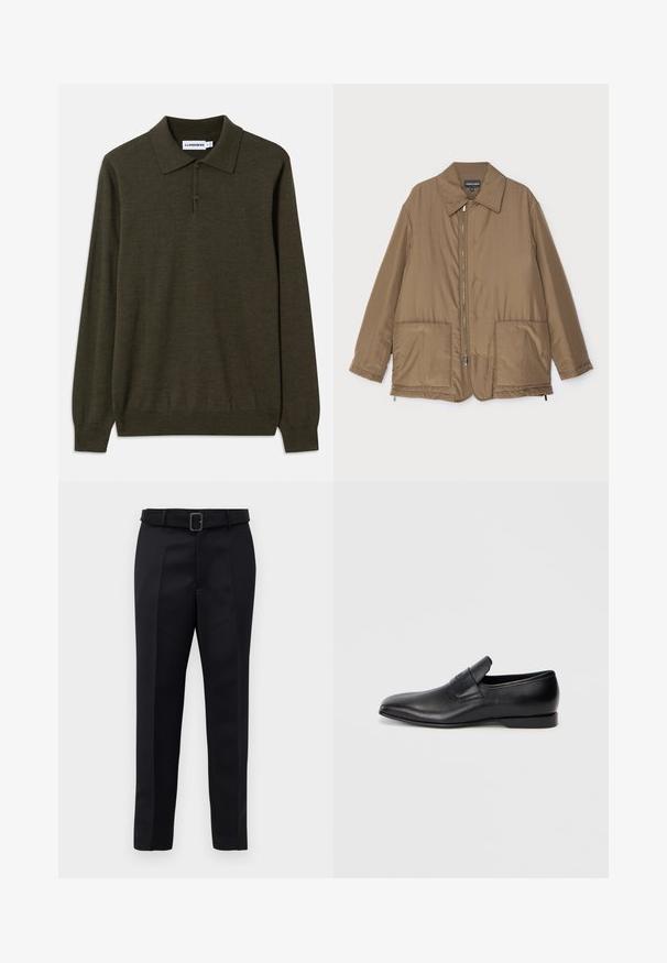 Rudas paminkštintas švarkas su apykakle, priekyje užtrauktuku, dviem didelėmis kišenėmis ir šiek tiek blizgesio. Paprastas dizainas su laisvu siluetu.; Tamsiai alyvuogių spalvos ilgos rankovės polo marškiniai, pagaminti iš minkštos medžiagos. Yra klasikinis apykaklė, trijų sagų užsegimas ir megztos rankogaliai.; Juodos pritaikytos kelnės turi lygią medžiagą, tiesų kirpimą ir diržą su stačiakampiu sagtimi. Išskirtiniai priekiniai raukšliai pagerina dizainą.; Juodos odinės slip-on tipo bateliai su smailiu pirštu, lygia tekstūra ir subtiliu ženklinimu šone. Žemas kulnas su tvarkingu, minimalistiniu dizainu.