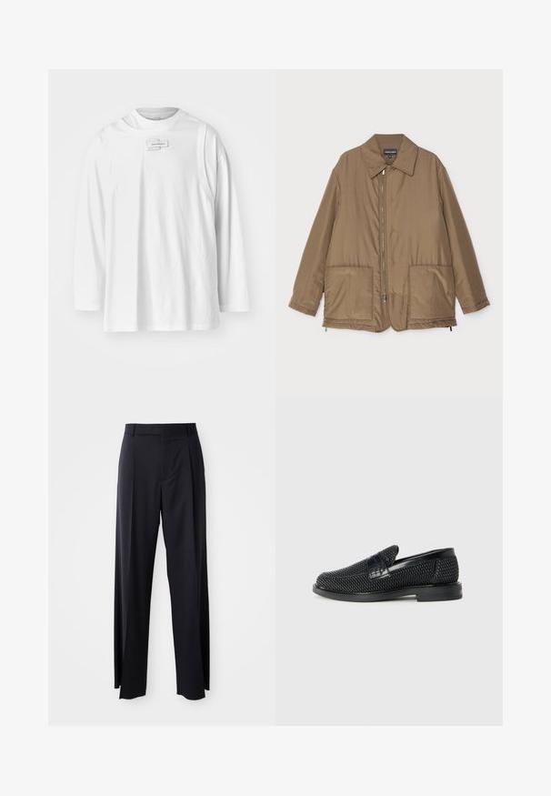 Bruine gewatteerde jas met een kraag, ritssluiting aan de voorkant, twee grote zakken en een lichte glans. Eenvoudig ontwerp met een ontspannen pasvorm.; Feng Chen Wang DECONSTRUCTION UNISEX - Longsleeve - white; Zwarte, hooggewaisted broeken met een brede pijp, gemaakt van een gladde stof. Voorzien van voorkanten met plooien en riemlussen. Minimalistisch ontwerp, geen zichtbare hardware.; Zwartegeweven instap schoenen met een glad leren accent aan de bovenkant, een ronde neusontwerp en een laag profiel rubberen zool.