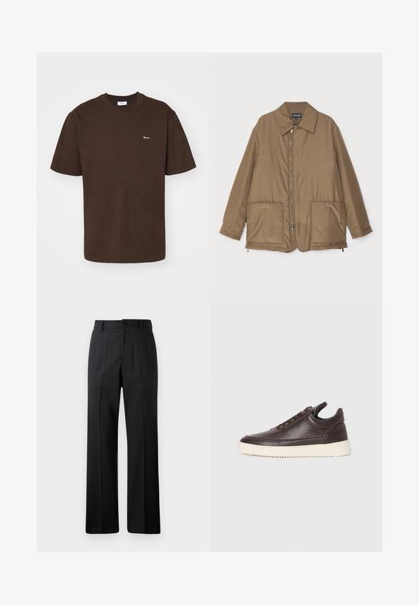 Brown padded jacket with a collared neck, front zip closure, two large pockets, and slight sheen. Simple design with a relaxed fit.; NN.07 ADAM EMB - Basic T-shirt - brown; Black straight-leg trousers with belt loops, front button, and zipper closure, displayed against a plain white background.; Dark brown textured leather sneaker with lace-up front and white ridged rubber sole on a plain light background.
