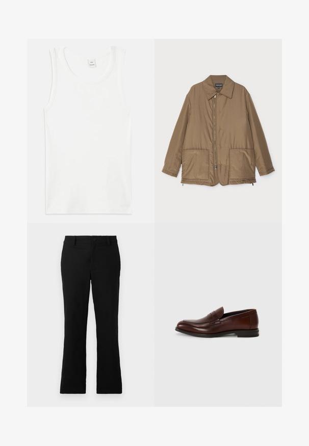 Giacca imbottita marrone con collo, chiusura frontale con zip, due grandi tasche e una leggera lucentezza. Design semplice con vestibilità rilassata.; Canottiera bianca in cotone con scollatura a girocollo e design senza maniche. Texture liscia e taglio dritto, priva di fantasie o decorazioni.; Pantaloni neri a campana realizzati in tessuto misto cotone, caratterizzati da chiusura con bottone, passanti per cintura e una superficie liscia senza motivi visibili.; Mocassini in pelle marrone con punta arrotondata, dettagli in fascia frontale e tacco basso impilato. Texture liscia con pochi decorazioni.