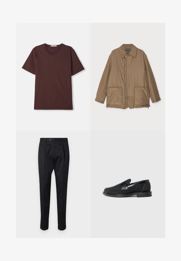 Rudas paminkštintas švarkas su apykakle, priekyje užtrauktuku, dviem didelėmis kišenėmis ir šiek tiek blizgesio. Paprastas dizainas su laisvu siluetu.; Tamsiai vyšninės spalvos trumpomis rankovėmis marškinėliai pagaminti iš minkštos medvilnės. Jie turi apvalų iškirpimą ir laisvą siluetą, be matomų raštų ar aksesuarų.; Juodos kelnės pagamintos iš lygaus audinio, su raukšle priekyje, mygtuko uždarymu ir suknežintomis rankovėmis ties kulkšnimi.; Juodas pintas slip-on tipo batelis su lygiu odiniu akcentu viršuje, apvalios nosies dizainas ir žemas guminis padas.