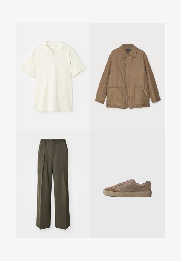 Braune gepolsterte Jacke mit Kragen, Reißverschluss vorne, zwei großen Taschen und leichter Glanz. Einfaches Design mit entspannter Passform.; Cremefarbenes Poloshirt mit klassischem Kragen, kurzen Ärmeln und leichtem V-Ausschnitt am Hals. Glatte Textur und minimales Design.; Filippa K WIDE TROUSERS - Stoffhose - driftwood; Brauner Wildleder-Sneaker im Low-Top-Design mit flacher Gummisohle, Schnürverschluss und Steppdetails, von der Seite auf einem schlichten Hintergrund gezeigt.