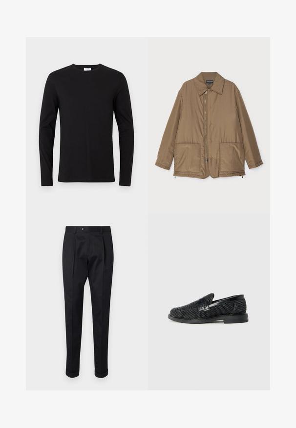 Hnědá zateplená bunda s límečkem, předním zipem, dvěma velkými kapsami a mírným leskem. Jednoduchý design s uvolněným střihem.; Černé dlouhé rukávy tričko z bavlny, s kulatým výstřihem a jednoduchým designem bez viditelných vzorů nebo ozdob.; Černé kalhoty z hladkého materiálu s pukem vpředu, zapínáním na knoflík a ohrnutými manžetami u kotníků.; Černé pletené nazouvací boty s hladkým koženým akcentem na svršku, kulatou špičkou a nízkoprofilovou gumovou podrážkou.