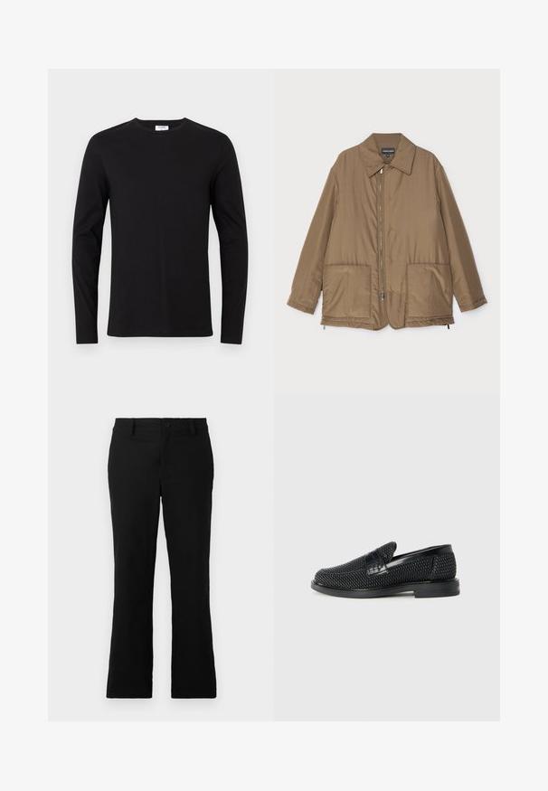 Rudas paminkštintas švarkas su apykakle, priekyje užtrauktuku, dviem didelėmis kišenėmis ir šiek tiek blizgesio. Paprastas dizainas su laisvu siluetu.; Juodas ilgomis rankovėmis marškinėliai, pagaminti iš medvilnės, su apvalia iškirpte ir paprastu dizainu be matomų raštų ar puošmenų.; Juodos plačios kelnės, pagamintos iš medvilnės mišinio, su mygtukų uždarymu, diržo kilpomis ir lygia tekstūra be matomų raštų.; Juodas pintas slip-on tipo batelis su lygiu odiniu akcentu viršuje, apvalios nosies dizainas ir žemas guminis padas.