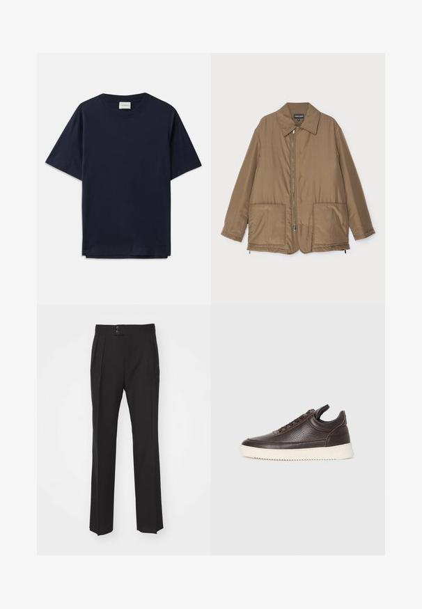 Rudas paminkštintas švarkas su apykakle, priekyje užtrauktuku, dviem didelėmis kišenėmis ir šiek tiek blizgesio. Paprastas dizainas su laisvu siluetu.; Tamsiai mėlynas medvilninis marškinėliai trumpomis rankovėmis, su apvaliu iškirpimu ir laisvu siluetu. Prie iškirpimo yra etiketė su užrašu "CLOSED". Lygus paviršius.; Juodi pritaikyti kelnių, turinčių tiesų kojų dizainą, dvi priekinės kišenės ir dvigubą mygtuko užsegimą liemenyje. Lygus audinio paviršius.; Tamsiai rudas tekstūruotas odinis sportbačius su raišteliais ir baltu grioveliu ant gumos pado, pateiktas ant šviesaus fono.