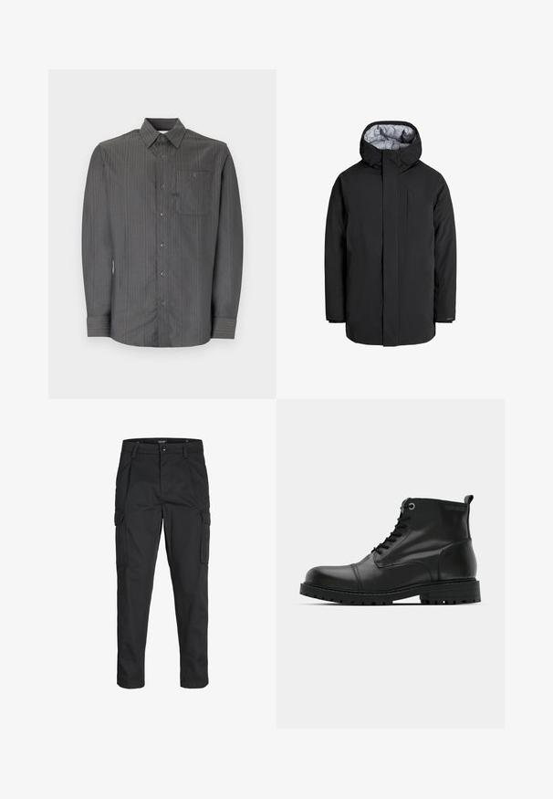 Juodas parka stiliaus švarkas su kapišonu, su priekiniais užtrauktukais, dviem šoninėmis kišenėmis, sklandžiu tekstūru ir kontrastinėmis vidinėmis pamušalo detalėmis.; Pilkas dryžuotas ilgomis rankovėmis marškinys su mygtukų apykakle ir krūtinės kišene, turintis mažus mygtukus ir tekstūruotą audinį.; Juodi krovinių tipo džinsai, pagaminti iš tvirto audinio, su keliais kišeniais, mygtuko uždarymu ir siauru, prigludusiu dizainu su siaurėjančiomis kojomis.; Juodos odinės aulinės batai iki kulkšnies su apvaliu pirštu, raišteliais, kontrastingais pilkais akinių užsegimais ir tvirtu guma padu. Sklandus paviršius su minimaliais akcentais.