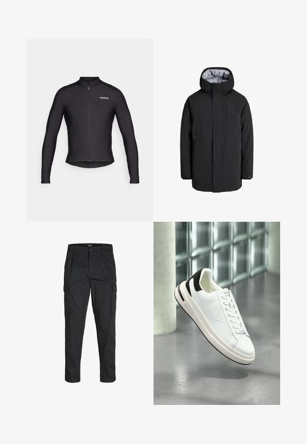 Svart parkajakke med hette, med front glidelås, to sidelommer, glatt tekstur og kontrasterende innvendig fôr.; Svart sykkeljakke med lange ermer, slank passform, hel glidelås foran og subtilt logo på brystet. Glatt, stretchy materiale.; Sorte cargo bukser laget av slitesterkt stoff, med flere lommer, knappelukking og en slim fit-design med avsmalnede ben.; Hvite lær sneakers med svarte detaljer, flat snøring og teksturert såle. Har "GUESS"-logo på siden og tungen.