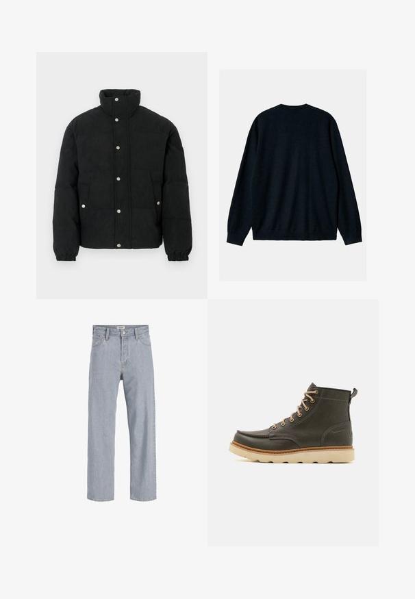 Giacca imbottita in velluto a coste nero con collo alto, chiusura frontale a bottoni a pressione, due tasche frontali e polsini elastici per una vestibilità aderente.; Carhartt WIP MADISON - Maglione - dark navy wax; Jeans in denim azzurro chiaro con vestibilità rilassata, design a gamba dritta, cuciture visibili, due tasche frontali e chiusura con bottone.; Stivali alla caviglia in pelle verde scuro con lacci beige, colletto imbottito e suola in gomma testurizzata. Presenta dettagli impermeabili e cuciture decorative.