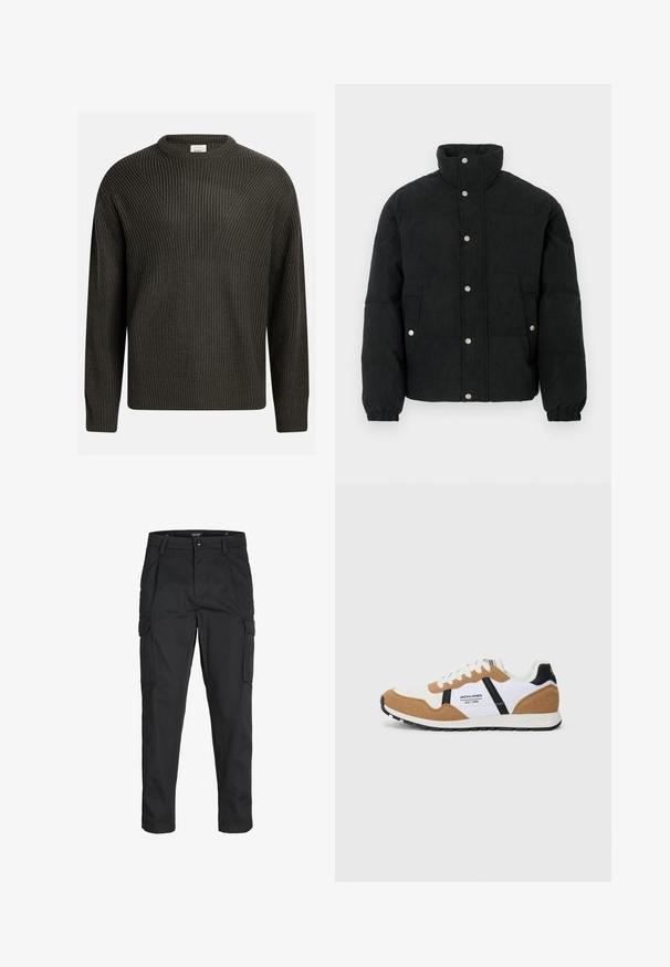 Black corduroy puffer jacket with a high collar, snap-button front, two front pockets, and elastic cuffs for a snug fit.; Dark green, thick-knit sweater with a round neckline, dropped shoulders, and textured pattern throughout. Ribbed cuffs and hem.; Black cargo pants made of sturdy fabric, featuring multiple pockets, a button closure, and a slim fit design with tapered legs.; Retro-style sneaker with white, tan suede, black accents, white laces, and "Jack & Jones EST. 1990" logo on the side.