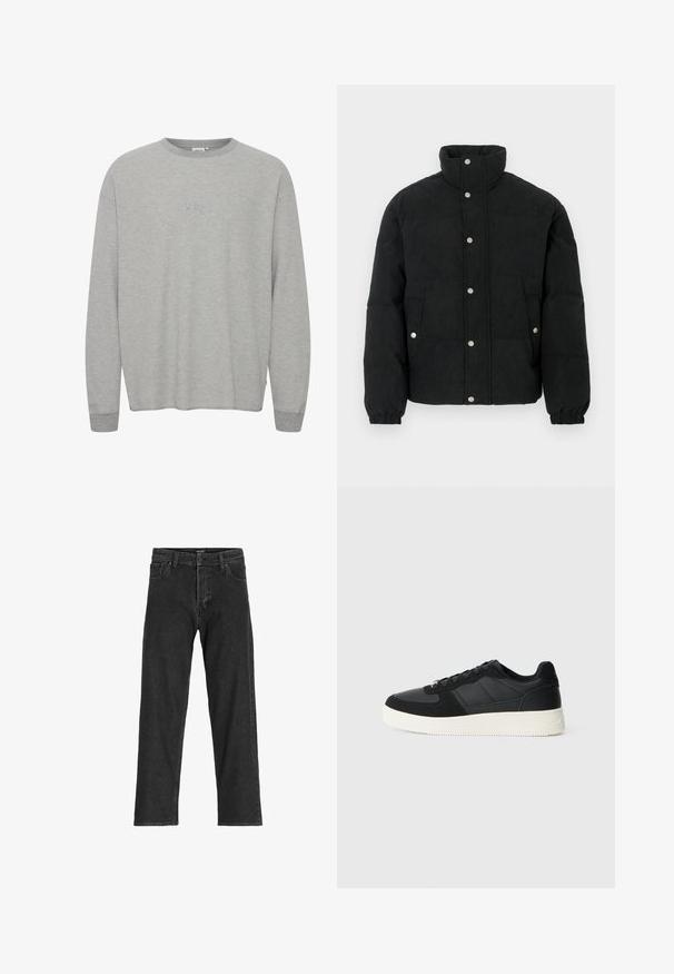 Svart cordfløyel dunjakke med høy krage, kneppe med trykknapper foran, to frontlommer og elastiske mansjetter for en tett passform.; Grå langermet topp laget av ribbet stoff med rund hals og brodert "ABC" på brystet. Løs passform med mansjetter på ermene.; Sorte denimjeans med rett ben-design, som har glidelås, beltehemper og seks lommer, laget av et slitesterkt bomullsmateriale.; Svart lavtopp sneakers med teksturert lær og semskede paneler, hvit gummisåle og svarte snørebånd på en enkel lys bakgrunn.