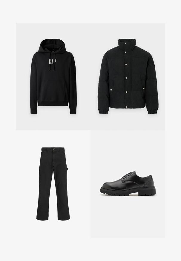 Melna kordurova pūdera jaka ar augstu apkakli, priekšā ar spiedpogām, divām priekšējām kabatām un elastīgām aprocēm ciešai fit.; Melnas kapuces sporta jaka, izgatavota no flīsa materiāla, ar priekšējo kabatu, ribotām aprocēm un baltu "GAP" logotipu uz krūšu vietas.; Melnas cargo bikses no kokvilnas maisījuma auduma. Iekļauj plašas kājas, priekšējās slīpās kabatas un sānu kabatu ar cilpu aksesuāriem.; Melnas ādas kurpes ar noapaļotu purngalu, mezglu dizainu un biezu, strukturētu gumijas zoli. Satur šuvju detaļas gar malu un gludu apdari.