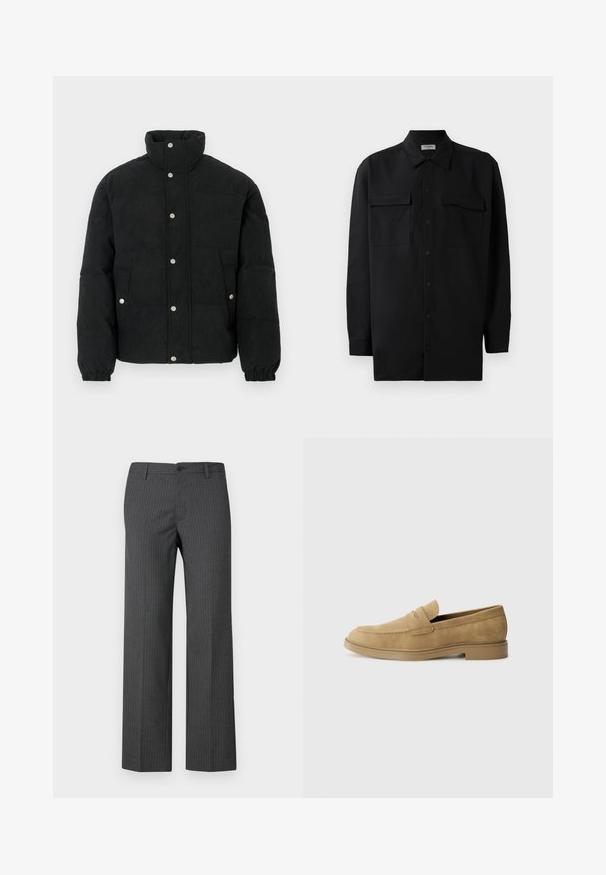 Crna pufasta jakna od korduroja s visokim ovratnikom, prednjim zatvaranjem na drukere, dva prednja džepa i elastičnim manšetama za čvrsto prianjanje.; Crna košulja s dugim rukavima od glatkog materijala, s klasičnom kragnom, dva prednja džepa i dugmadima na manžetama.; Sive hlače s prugama izrađene od krojenog materijala, s ravnim krojem, prednjim džepovima i dugmetom za zatvaranje na struku.; Svijetlosmeđi zamjenski mokasini s zaobljenim vrhom, niskim blok-petama i šivanjem na gornjem dijelu. Glatka tekstura i minimalistički dizajn.