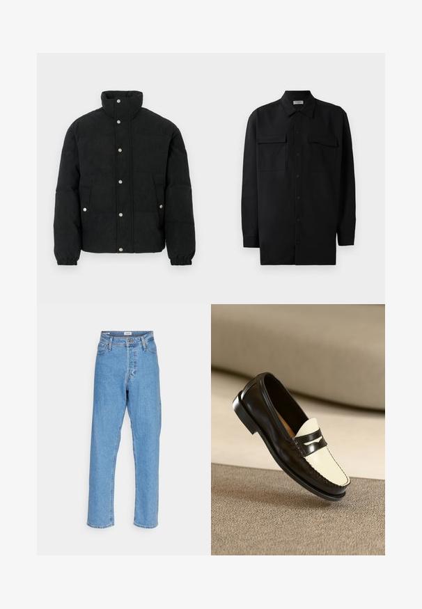 Black corduroy puffer jacket with a high collar, snap-button front, two front pockets, and elastic cuffs for a snug fit.; Black button-up shirt made of smooth fabric, featuring a classic collar, two front pockets, and long sleeves with button cuffs.; Light blue high-waist straight-leg jeans with front button, zipper closure, belt loops, and five-pocket design on white background.; Black leather loafer with a cream-colored vamp and black accent stripes, featuring a low heel and detailed stitching along the edges.