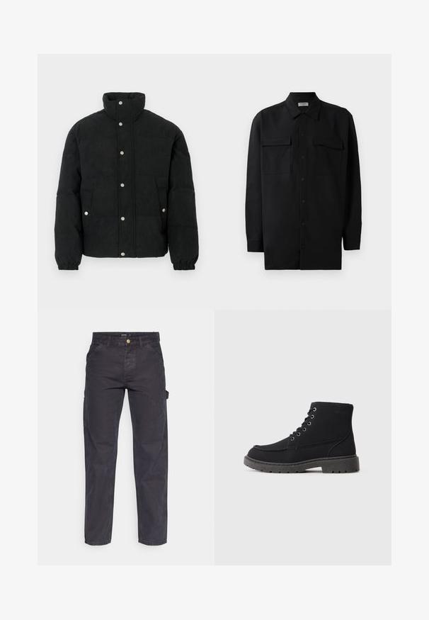 Musta mannapintainen toppatakki, jossa on korkea kaulus, nepparikiinnitys edessä, kaksi etutaskua ja joustavat hihansuut tiukkaan istuvuuteen.; Musta napillinen paita, joka on valmistettu sileästä kankaasta. Paita sisältää klassisen kaulan, kaksi etutaskua ja pitkät hihat, joissa on nappivarat.; Tummanharmaat cargo-housut, jotka on valmistettu kestävästä kankaasta. Niissä on suora lahkeellinen leikkaus, viisi taskua ja nappikiinnitys vyötäröllä.; Mustat nilkkurit, jotka on valmistettu mokasta ja synteettisestä materiaalista. Pyöreä kärkiosa, kuusi metallista nyörireikää, paksu kumipohja ja vähäinen tekstidetalji.