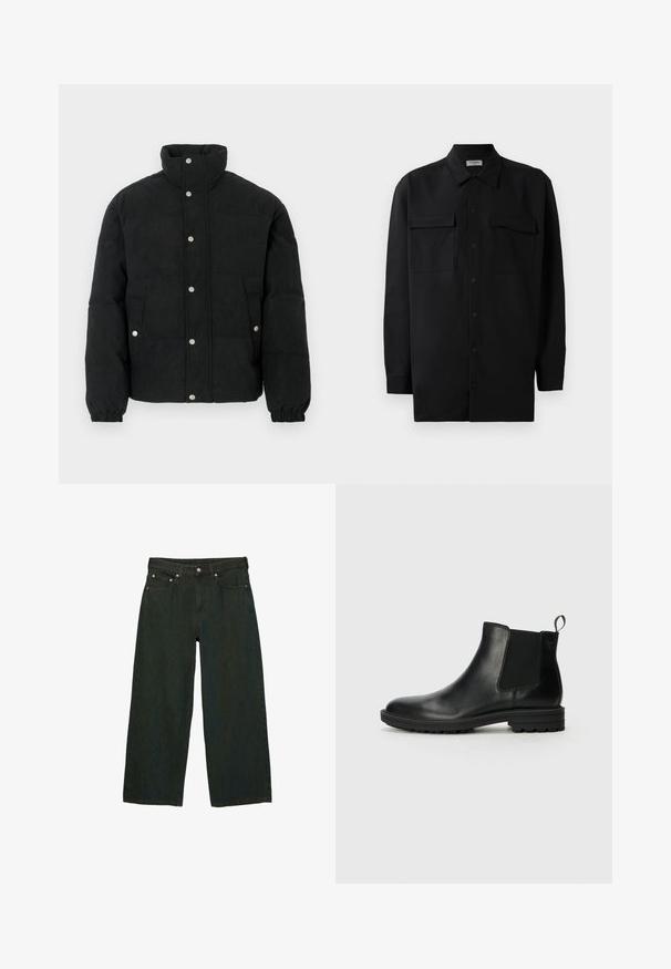 Černá manšestrová péřová bunda s vysokým límcem, zapínáním na patentky, dvěma předními kapsami a elastickými manžetami pro těsné přilnutí.; Černá košile na knoflíky vyrobená z hladké tkaniny, s klasickým límcem, dvěma předními kapsami a dlouhými rukávy s knoflíkovými manžetami.; Tmavě zelené široké džíny vyrobené z denimu; mají přední knoflík a zip, pět kapes a jemné variace textury.; Jack & Jones JFWHOSKINS - Kotníkové boty - anthracite