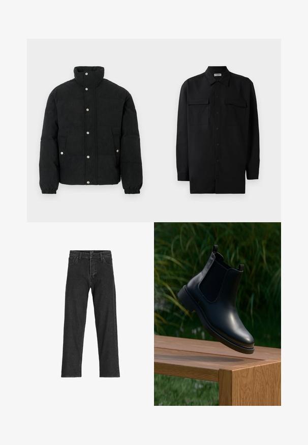 Schwarze Cord-Steppjacke mit hohem Kragen, Druckknopfverschluss vorne, zwei Vordertaschen und elastischen Bündchen für eine eng anliegende Passform.; Schwarzes Hemd mit Knopfleiste aus glattem Stoff, das einen klassischen Kragen, zwei Brusttaschen und lange Ärmel mit Knopfmanschetten aufweist.; Schwarze Jeans aus Denim mit geradem Bein, ausgestattet mit einem Reißverschluss, Gürtelschlaufen und sechs Taschen, gefertigt aus einem robusten Baumwollmischgewebe.; Schwarze Leder-Stiefelette mit elastischen Seitenpaneelen, schwebend über einer hölzernen Bank, mit grünem Laub im Hintergrund.