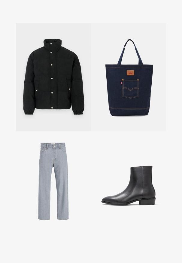 Crna pufasta jakna od korduroja s visokim ovratnikom, prednjim zatvaranjem na drukere, dva prednja džepa i elastičnim manšetama za čvrsto prianjanje.; Crna pamučna majica s velikim narančastim Levi's logotipom sprijeda, kratkim rukavima i okruglim izrezom.; Svijetloplave traperice s opuštenim krojem, ravnim nogavicama, vidljivim šavovima, dva prednja džepa i kopčanjem na gumb.; ALDO PILLOWWALK+FLEX INSIDE ZIP AMUR - Klasične gležnjače - open black; Denim torba u tamnoplavoj boji s dvije ručke, vidljivim šavovima i prednjim džepom s klasičnom logotipom.