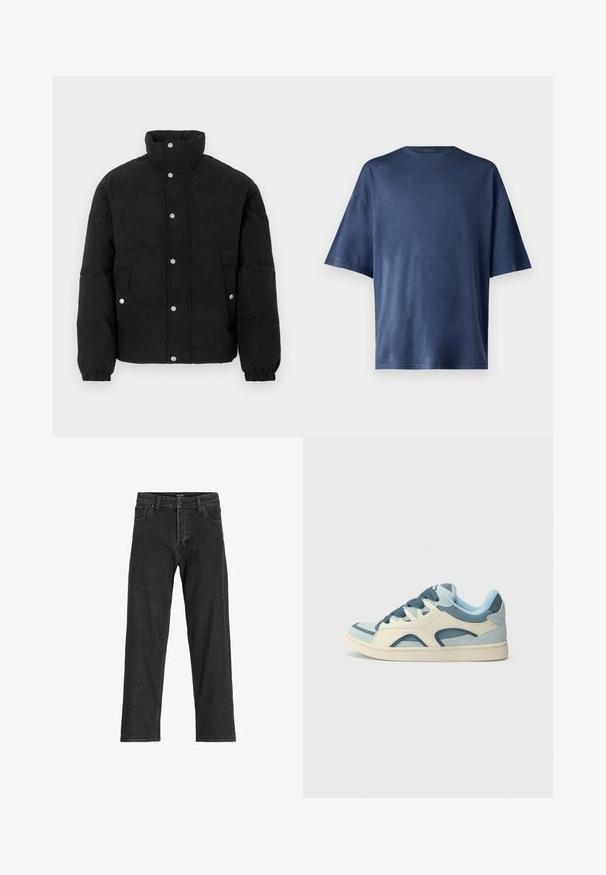 Juoda kordurovinė striukė pūsta, su aukštu apykakliu, spaustukais užsegama priekyje, dviem priekinėmis kišenėmis ir elastinėmis rankogaliais, kad gerai prigludtų.; Tamsiai mėlynas trumpomis rankovėmis marškinėliai, pagaminti iš minkštos medžiagos, pasižymi klasikinio apvalaus kaklo ir laisvo kirpimo, be matomų raštų ar akcentų.; Juoda džinsinė kelnė su tiesaus kirpimo dizainu, su užtrauktuku, diržo kilpomis ir šešiais kišenėmis, pagaminta iš tvirto medvilnės mišinio.; Šviesiai mėlyni ir grietinėlės spalvos sportbačiai su tamsiai mėlynomis raišteliais. Su tinkliniu ir odiniu intarpais, suapvalinta noselė ir guminis padas su lengvu tekstūriniu paviršiumi.