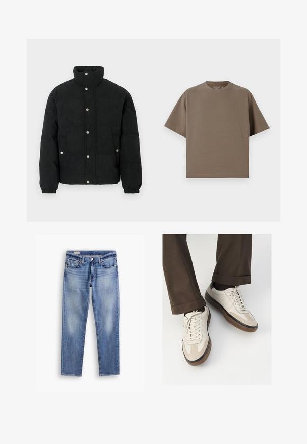 Musta mannapintainen toppatakki, jossa on korkea kaulus, nepparikiinnitys edessä, kaksi etutaskua ja joustavat hihansuut tiukkaan istuvuuteen.; Ruskea, lyhythihainen t-paita pehmeästä kankaasta, jossa on pyöreä kaula-aukko. Ominaisuuksina rento malli ja yksinkertaiset helmaresorit.; Vaaleansiniset farkut suoranlahkeisella leikkauksella, jossa on haalistuneita kohtia, viisi-taskuinen muotoilu ja kupariset niitit. Vakiopainonappi vyötäröllä.; Beige tennarit, joissa on teksturoidut mokkasiinimaiset etuosat, sileät nahkasaumat ja ruskea kumipohja. Narut ja vaaleat ompelutiedot mukana.