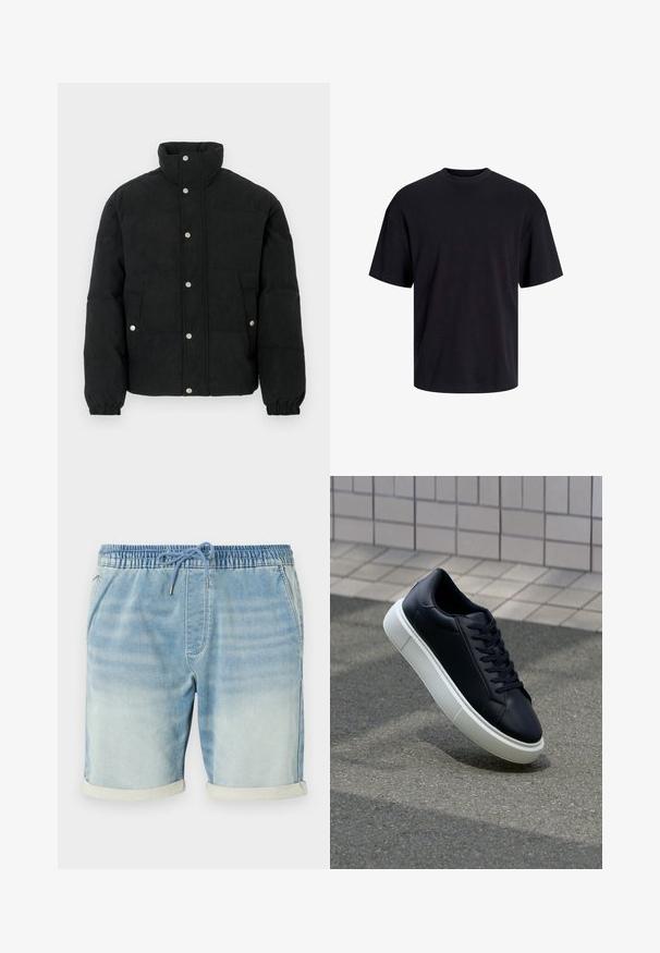 Mustast vatiinist manšettidega kergelt paksudelt triibuline jope, millel on kõrge krae, ees nööbitav sulgemine, kaks eesmist taskut ja elastsed varrukamansetid tiheda sobivuse tagamiseks.; Must must on mustre, lühikeste varrukatega ja vabalt langev. Sile tekstuur ja ilma nähtavate mustrite või aktsentideta.; Heled sinised teksashortsid elastse vöökoha, kummipaela sulgemise, küljetaskute ja rullitud äärega. Sile tekstuur.; Mustast nahast tennisetoss, millel on ümar nina ja valge kummist tall. Omab siredaid paelu ja minimaalset õmblemist ülemises osas. Tekstuuriga tald, mis tagab haakuvuse.