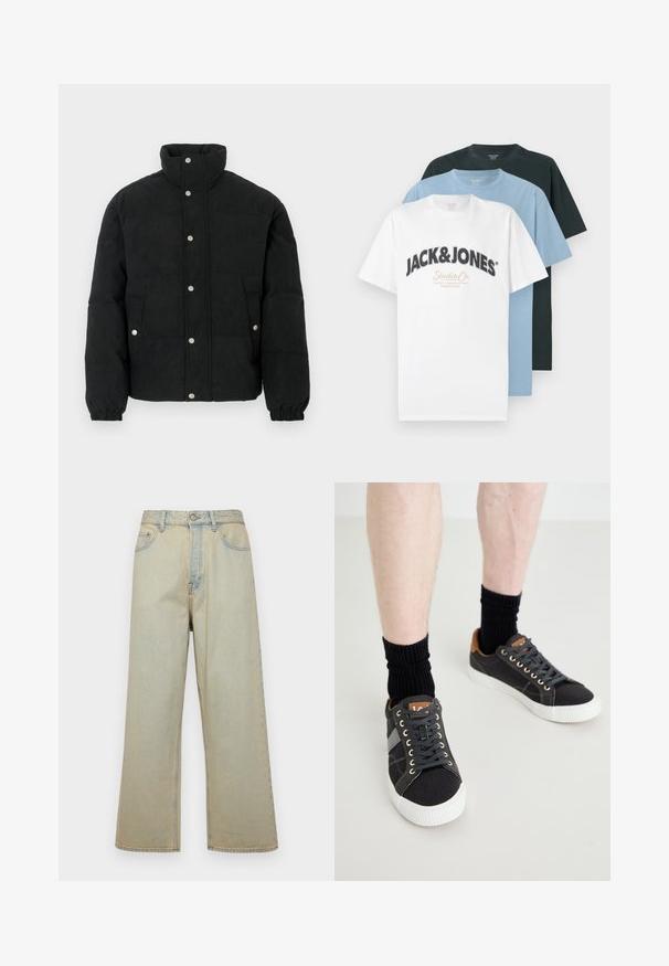 Chaqueta acolchada de pana negra con cuello alto, cierre frontal de botones a presión, dos bolsillos delanteros y puños elásticos para un ajuste ceñido.; Tres camisetas de manga corta en blanco con el logotipo de Jack & Jones, azul claro y negro, apiladas sobre un fondo blanco.; Jeans de pierna ancha de color azul claro, fabricados en denim con un acabado desgastado. Cuenta con cinco bolsillos y un cierre frontal de botón.; Zapatillas de lona grises con suelas de goma blancas, cordones negros y detalles de cuero marrón en el talón, acompañadas de calcetines negros de canalé.