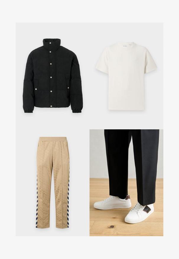 Mustast vatiinist manšettidega kergelt paksudelt triibuline jope, millel on kõrge krae, ees nööbitav sulgemine, kaks eesmist taskut ja elastsed varrukamansetid tiheda sobivuse tagamiseks.; Valge lühikeste varrukatega T-särk ribakudumises. Ümar kaelus, mugav lõige, nähtavad mustrid ega aksessuaarid puuduvad. Lihtne ja mitmekesine disain.; Bežid track pants, millel on toonides reljeefne lillemuster, mereväe- ja valged triibulised külgpaneelid, elastne vöökoht ning tõmblukuga taskud.; Valged sneakersid siledat tekstuurist, millel on pruunad nahast detailid ja mustad aksessuaarid, millele on sobitatud mustad kohandatud püksid. Puitpõranda taust.