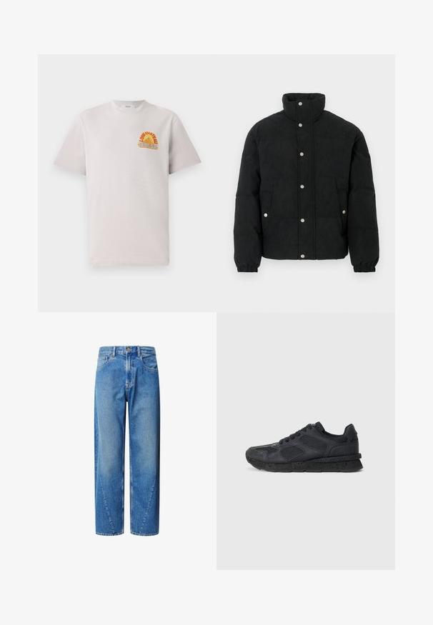 Black corduroy puffer jacket with a high collar, snap-button front, two front pockets, and elastic cuffs for a snug fit.; Light gray cotton T-shirt with a crew neck, featuring colorful "Lone Château Replay" graphic in orange and blue on the chest.; Light blue denim jeans with a high waist, wide-leg cut, and angled yoke seams. Features five pockets and a button closure.; Replay ARTHUR ATOM - Trainers - black